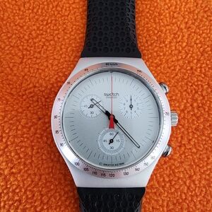 Swatch Silver Chronograph Watch with Black Strap